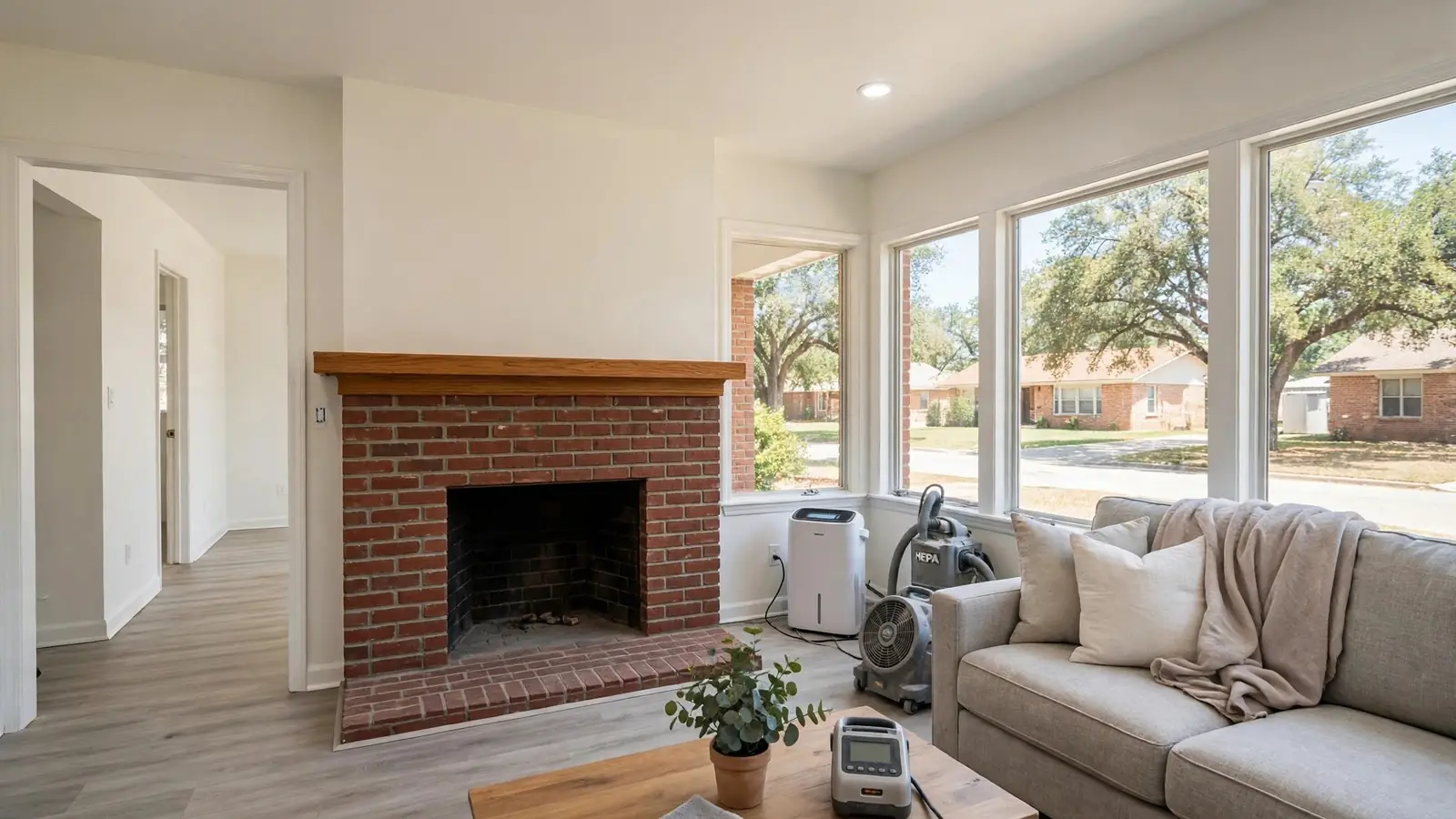 Bright living room with a brick fireplace and air treatment equipment by the window