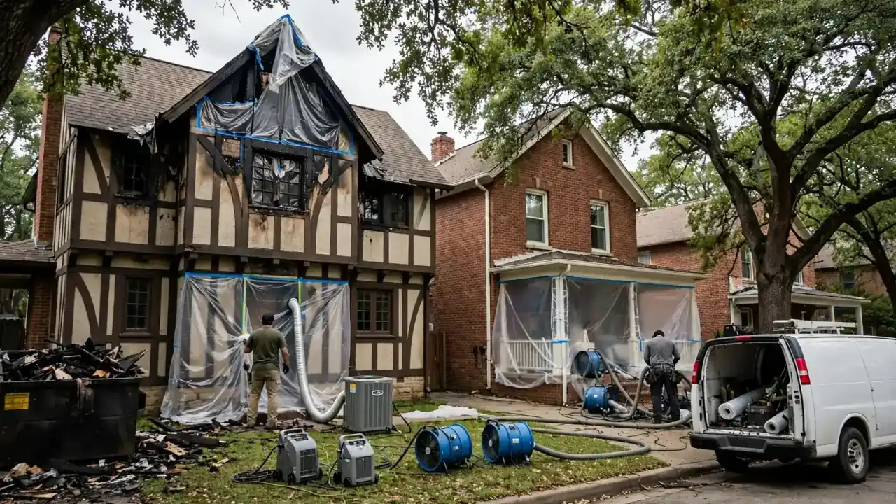 Fire-damaged Tudor-style house wrapped in plastic with drying equipment on the lawn