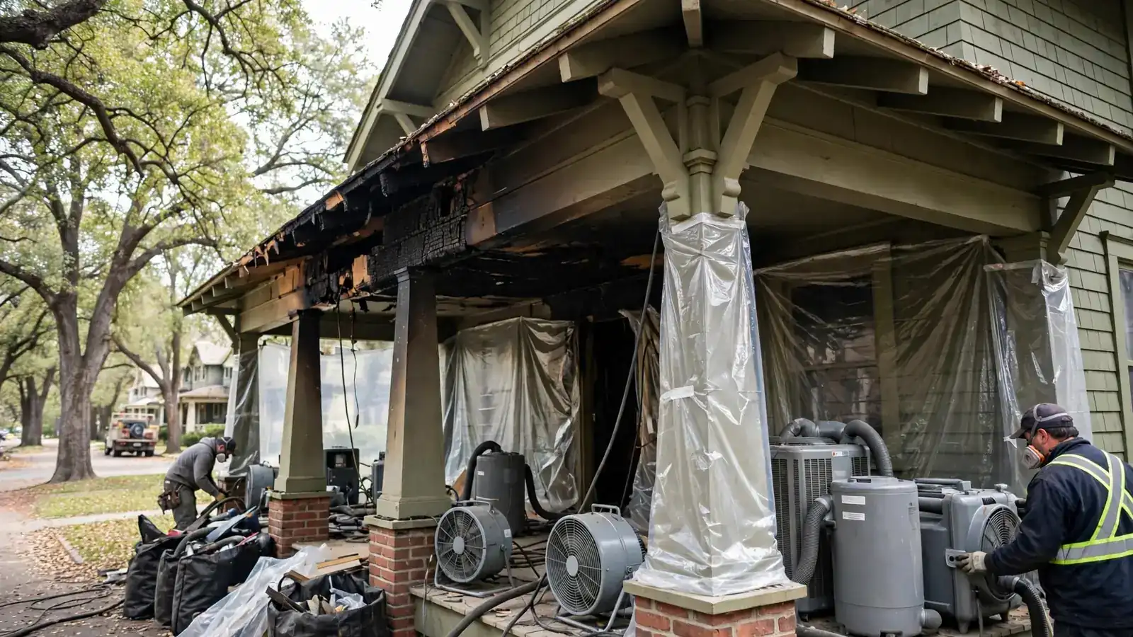 Craftsman bungalow with a soot-blackened porch and drying equipment under the eaves