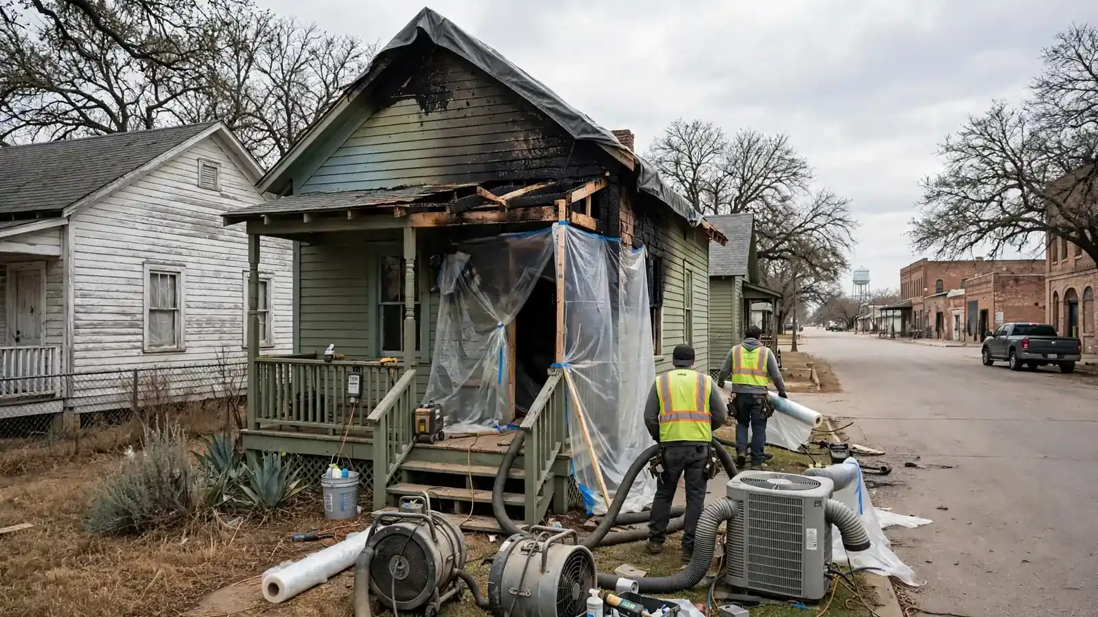 Small fire-damaged wood cottage with crews and equipment in the front yard