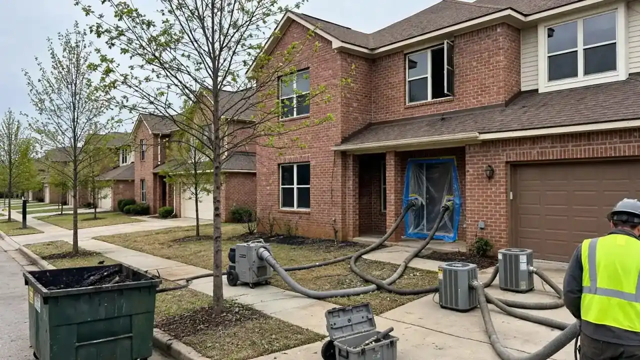 Two-story brick house with hoses and drying machines running from the front door