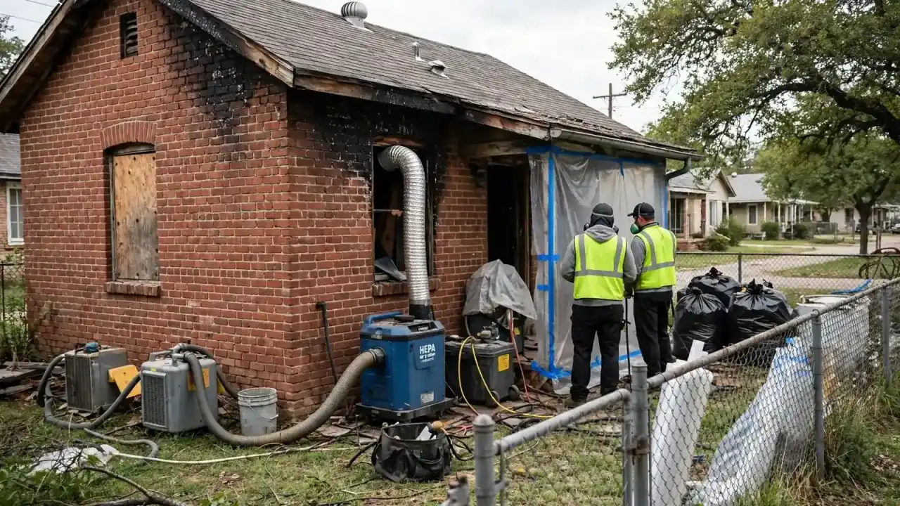 Small brick house with smoke-stained walls, ducting and workers by a chain-link fence