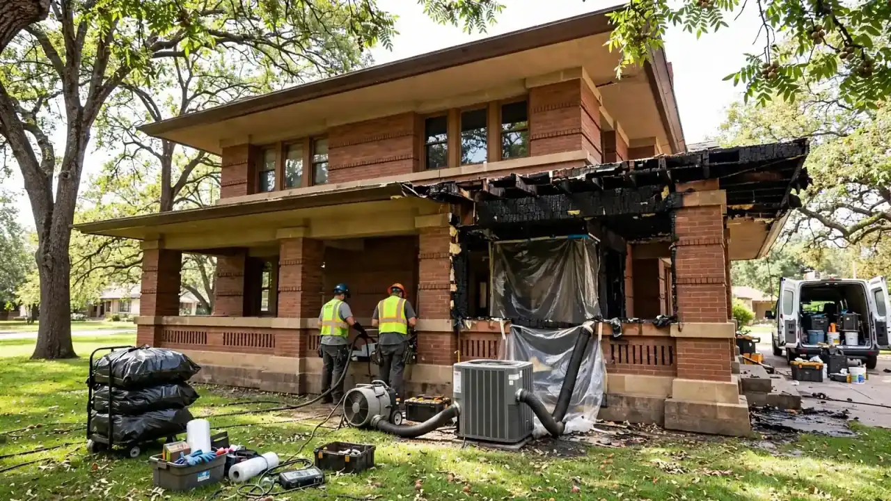 Large brick Prairie-style house with a burned porch roof and crews in the yard