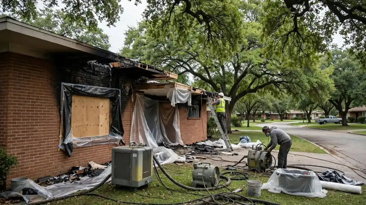 Brick ranch with a boarded window, scorched eaves and a worker in the yard