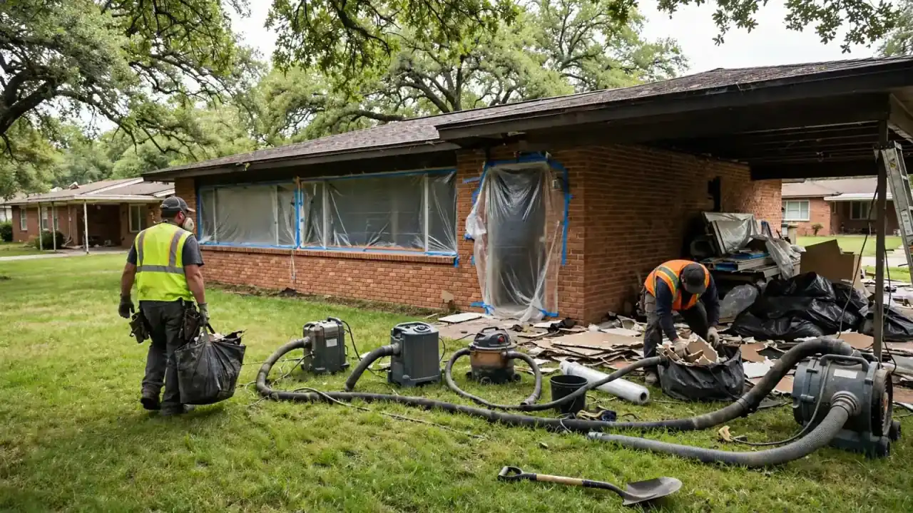 Long brick ranch house with debris and drying equipment spread on the lawn