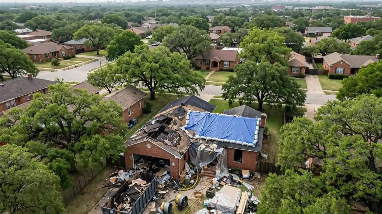 Aerial view of a tree-filled brick neighborhood with one tarped, fire-damaged house