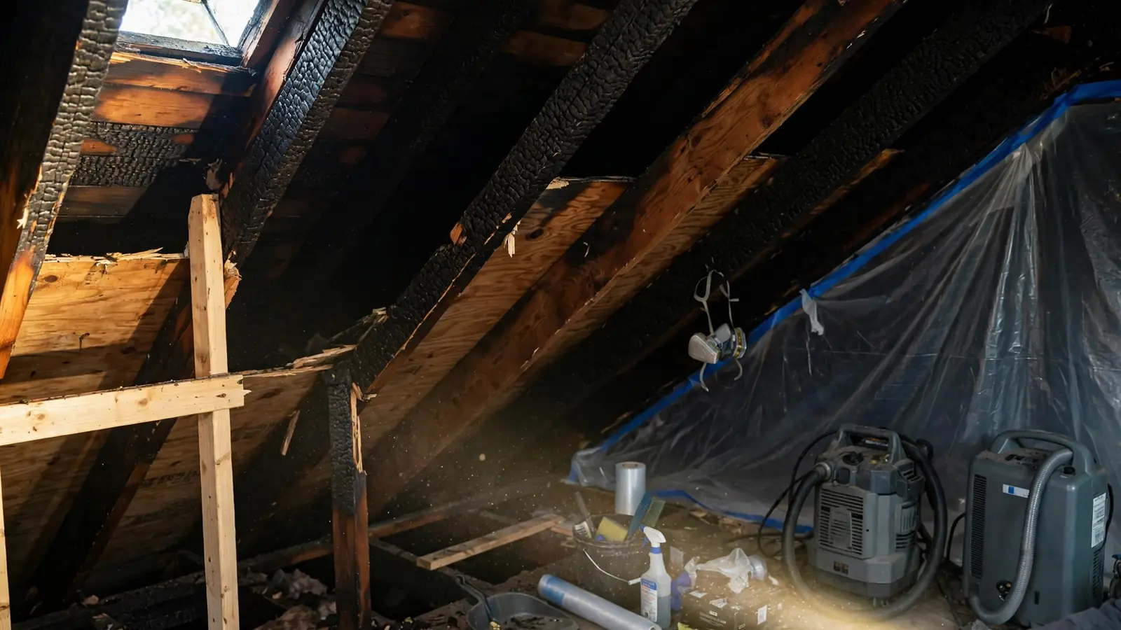 Attic with darkened rafters, plastic sheeting and an air machine