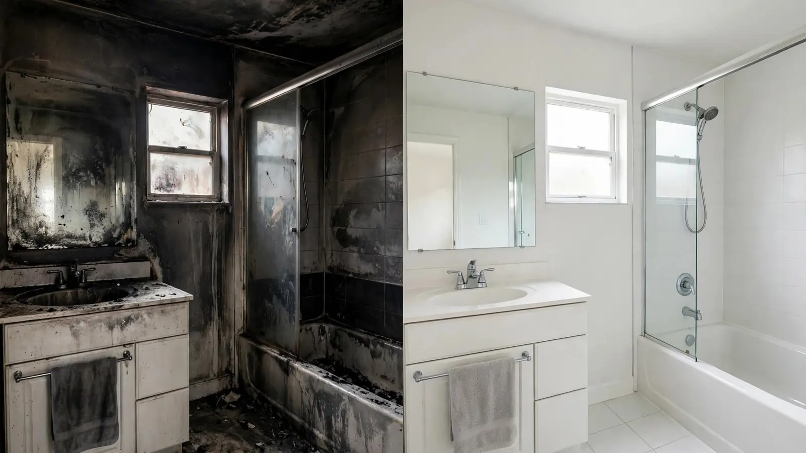 Split view of a soot-covered bathroom beside the same bathroom clean and white
