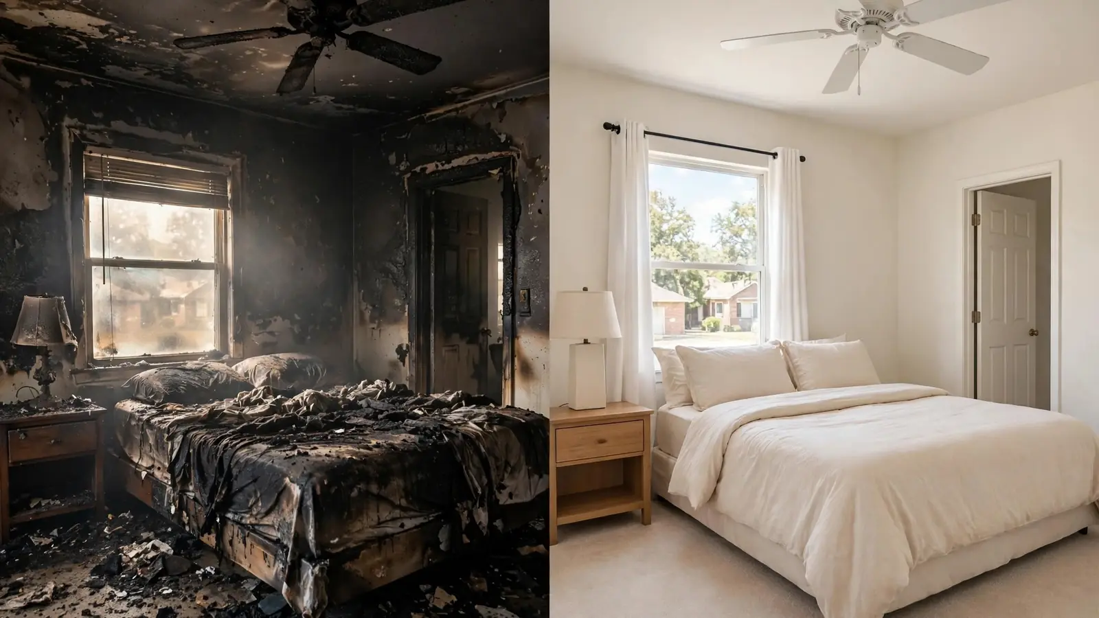 Split view of a burned bedroom beside the same bedroom restored and bright