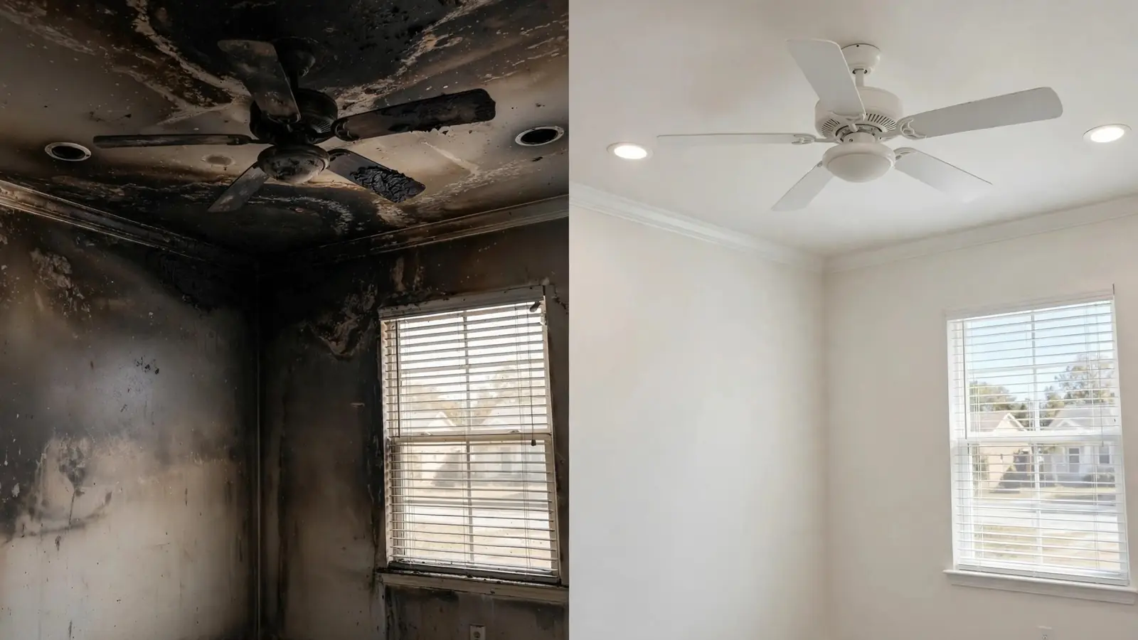 Split view of a soot-stained ceiling and fan beside the same ceiling painted white