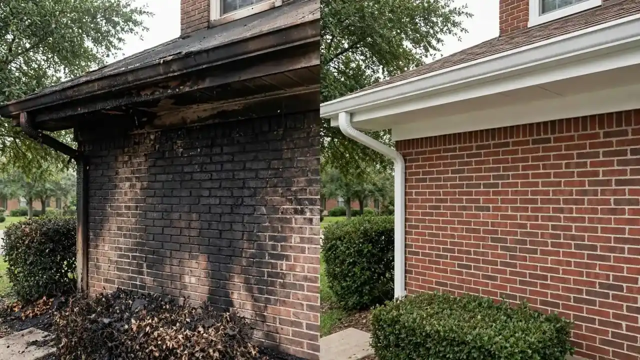 Split view of soot-blackened brick eaves beside the same eaves clean with new trim