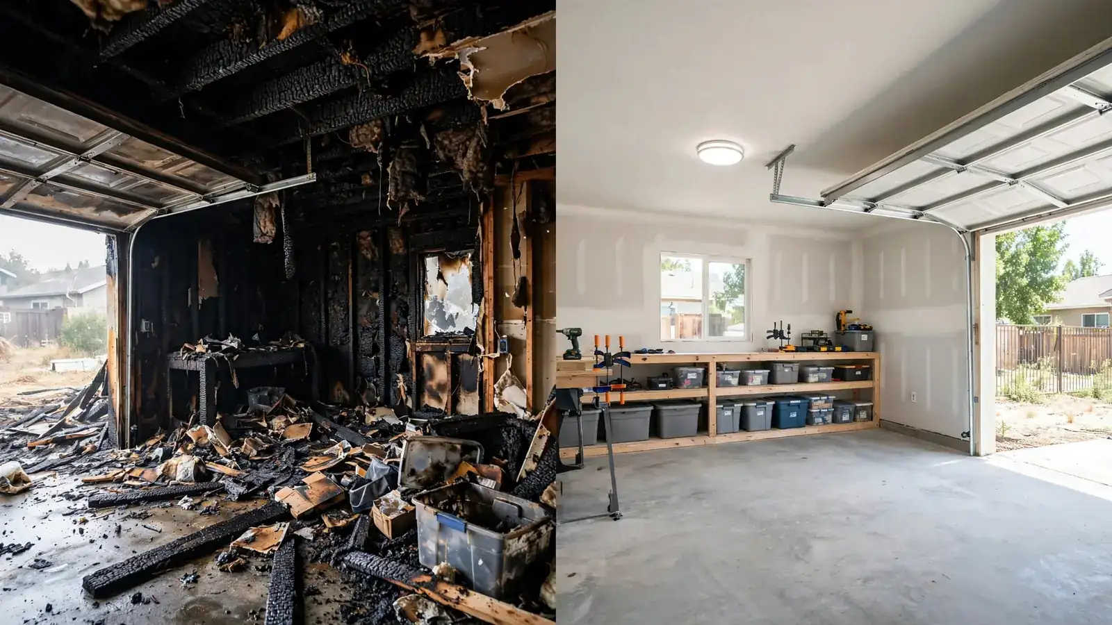 Split view of a burned garage beside the same garage rebuilt and clean