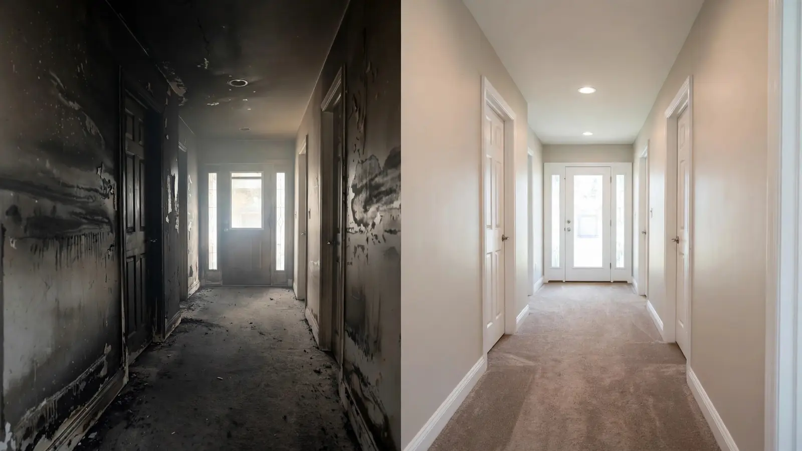 Split view of a smoke-blackened hallway beside the same hallway freshly painted