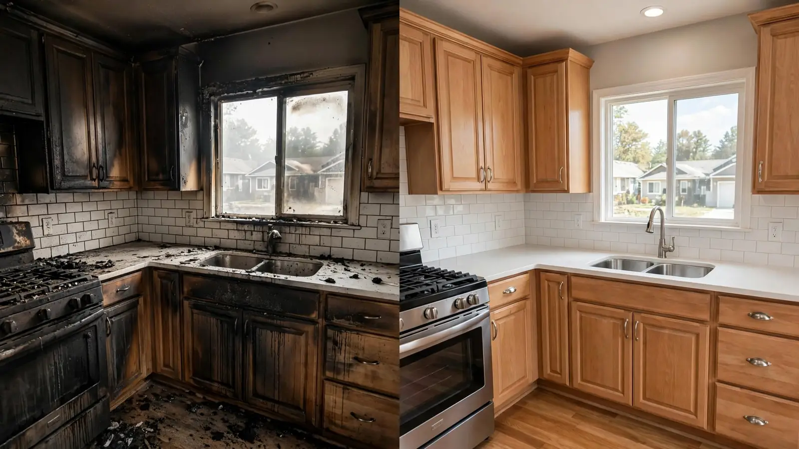 Split view of a fire-damaged kitchen beside the same kitchen with new cabinets