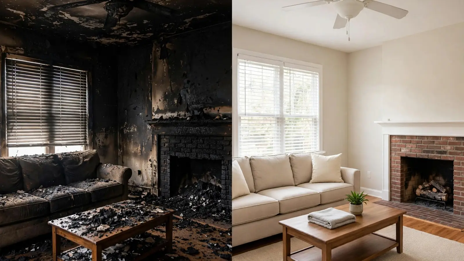 Split view of a burned living room beside the same room restored with a fireplace