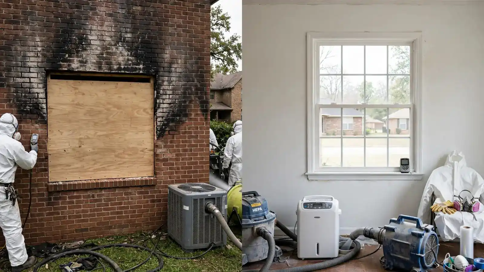 Before: plywood over a burned window. After: new window inside a restored room
