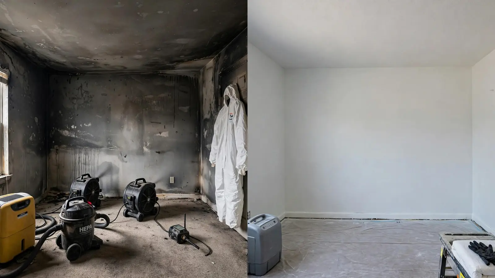 Before: smoke-stained bedroom. After: the same room cleaned and repainted
