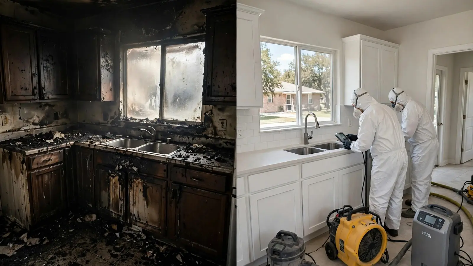 Before: smoke-damaged kitchen. After: the kitchen restored with white cabinets