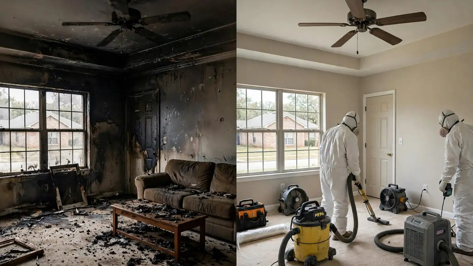 Before: sooty living room. After: the same room cleaned with crew at work