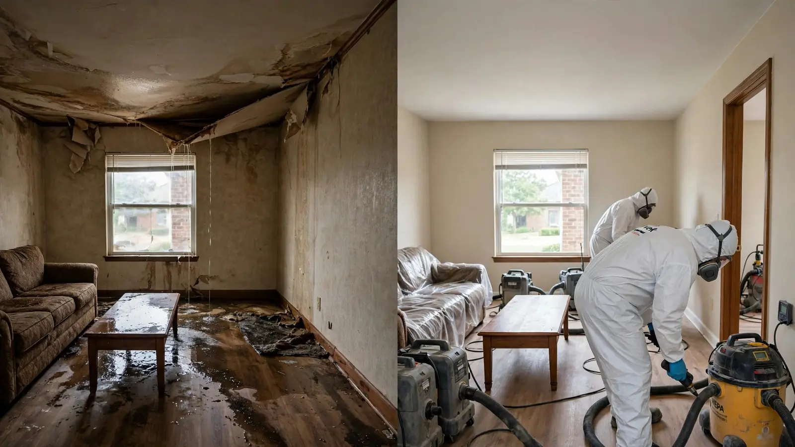 Before: wet room with sagging ceiling. After: the room dried and repaired