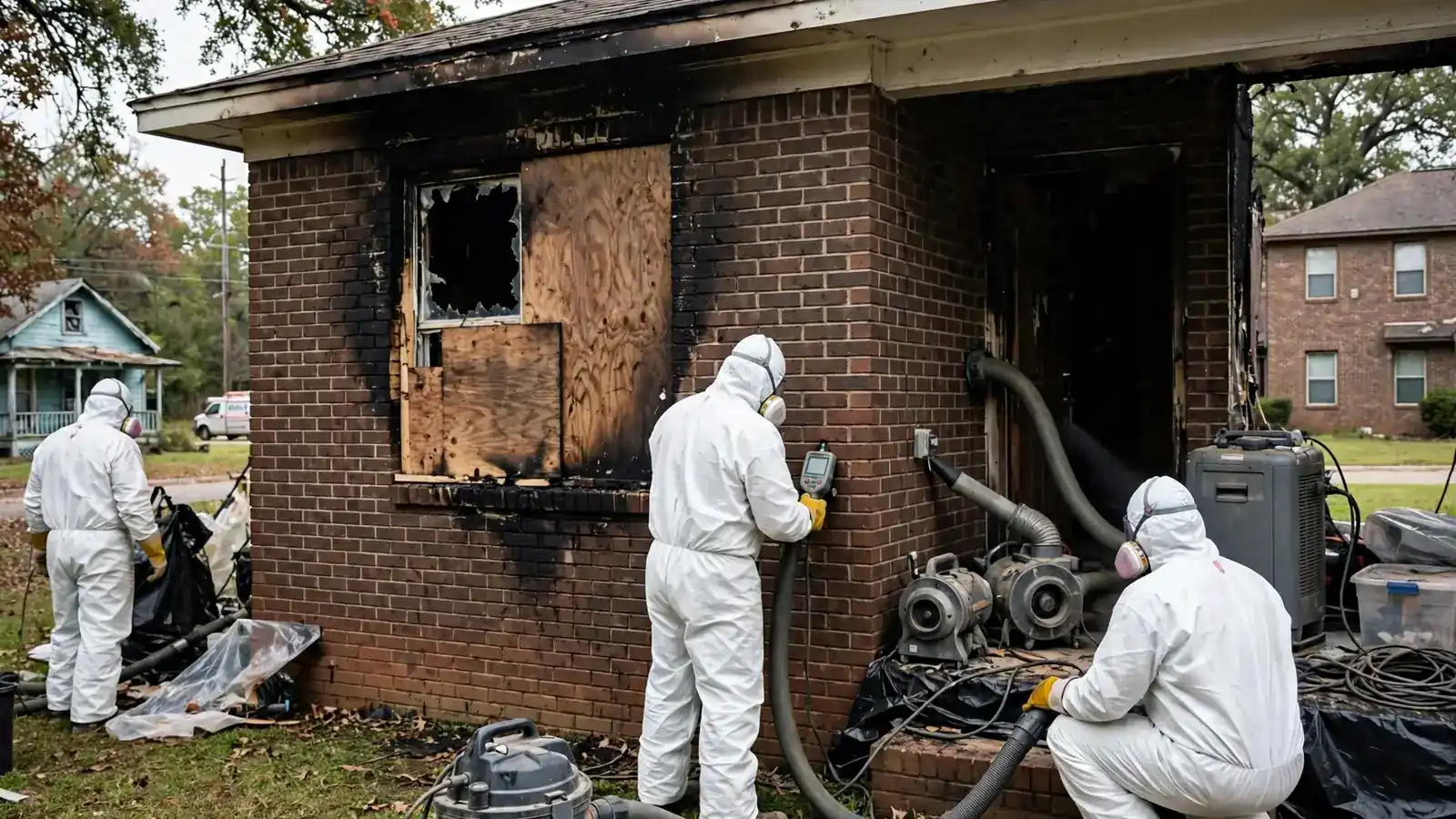 Crew in protective suits working beside a boarded window on a burned brick house