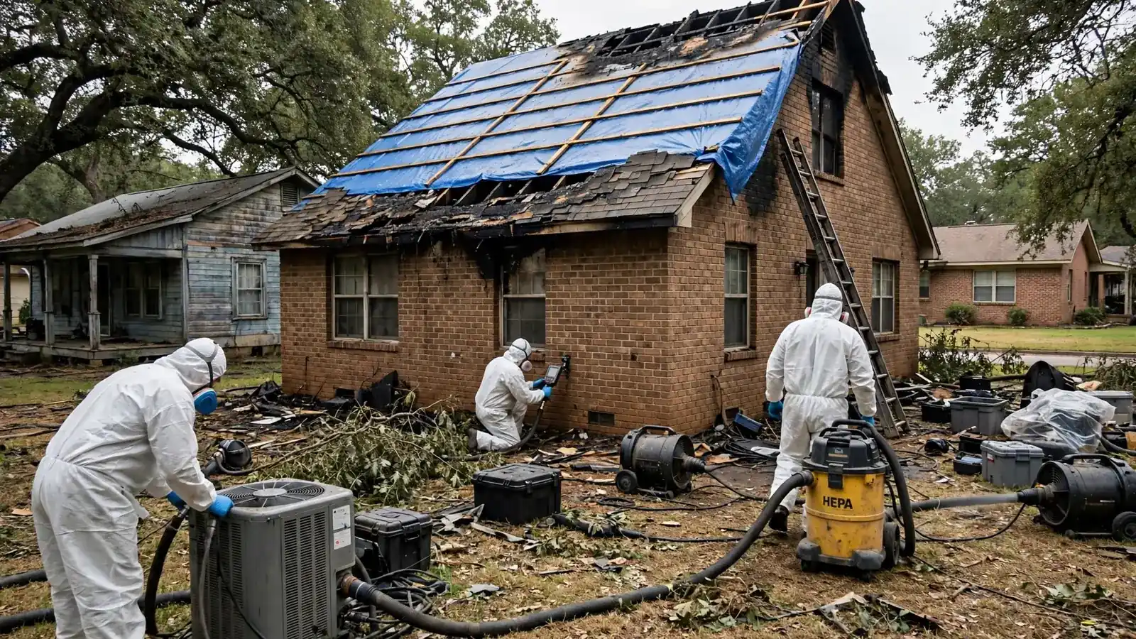 Blue tarp over a fire-damaged roof while a crew works in the yard below