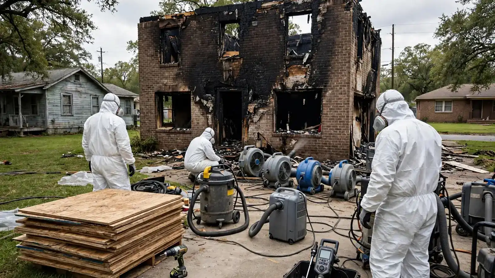 Stack of plywood sheets in front of a badly burned brick house