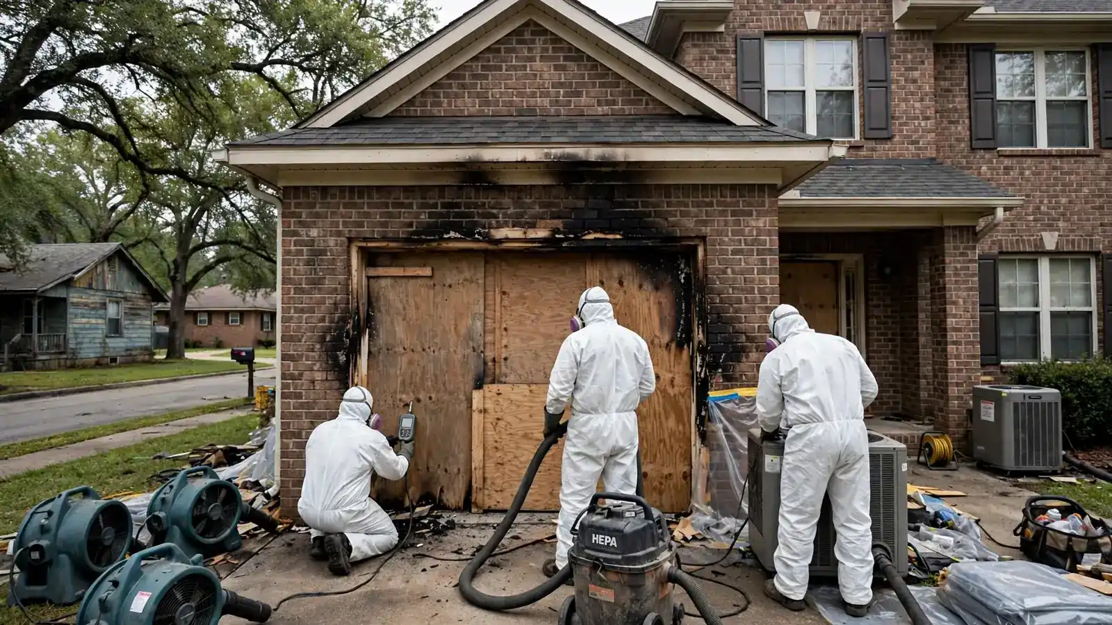 Plywood panels covering the garage opening of a fire-damaged brick home