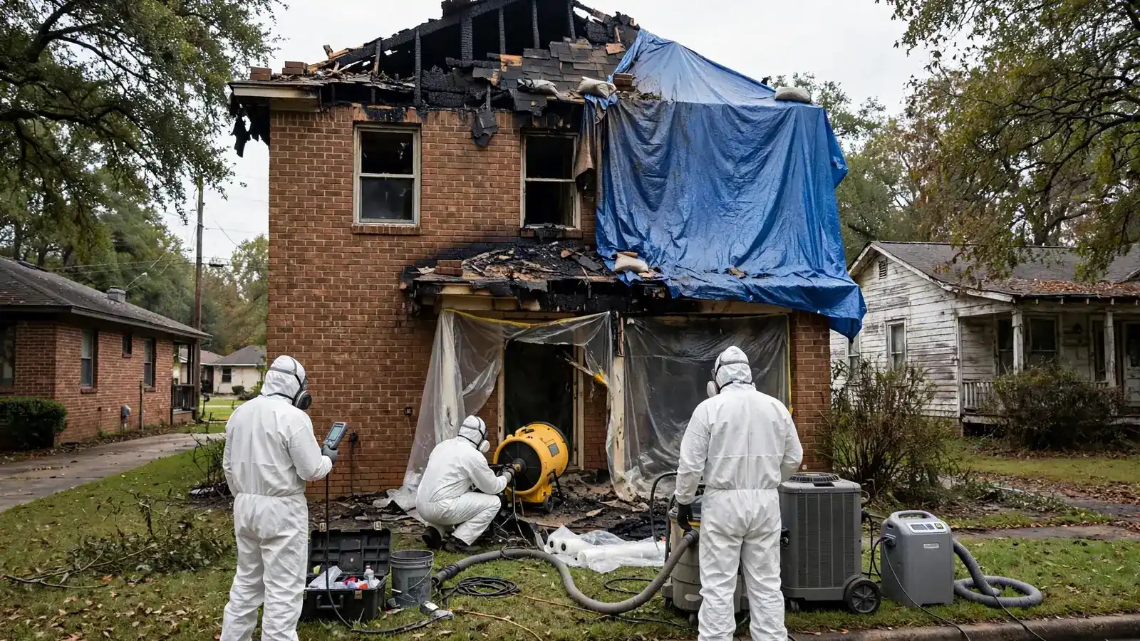 Tarp hung over a burned section of a two-story brick house