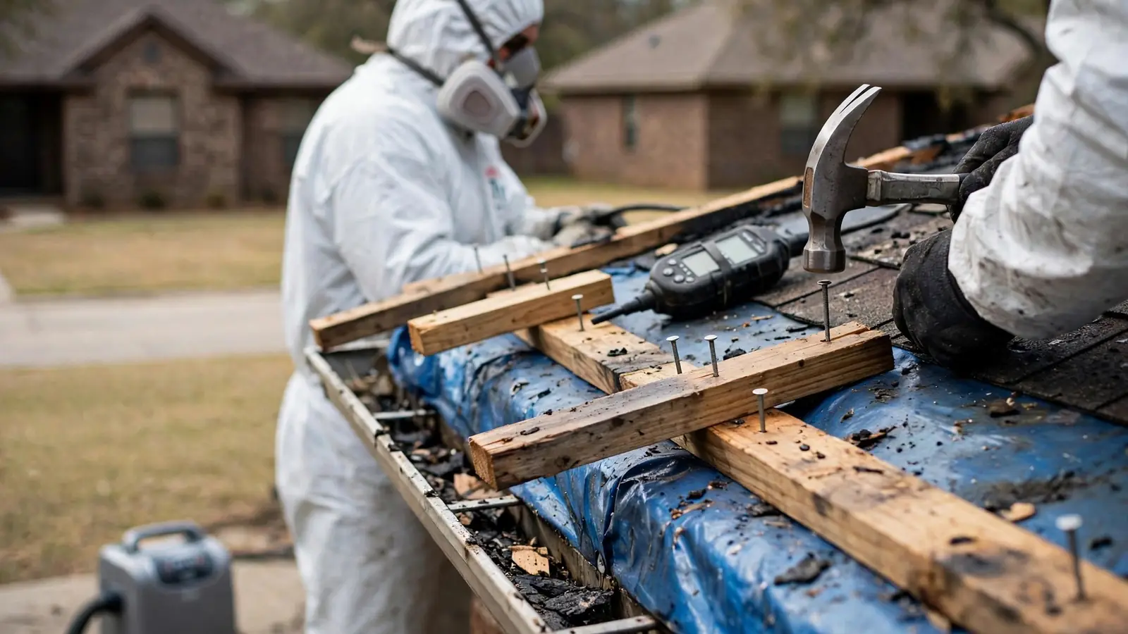 Close-up of wood battens being fixed along the edge of a blue tarp