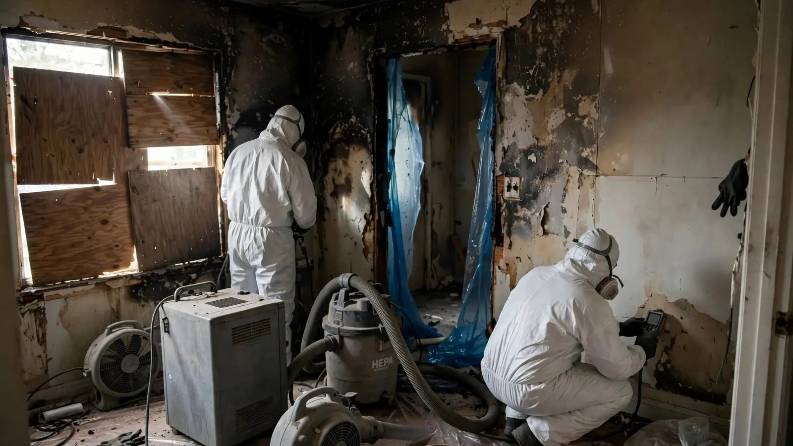 Inside a burned room with a boarded window and drying equipment