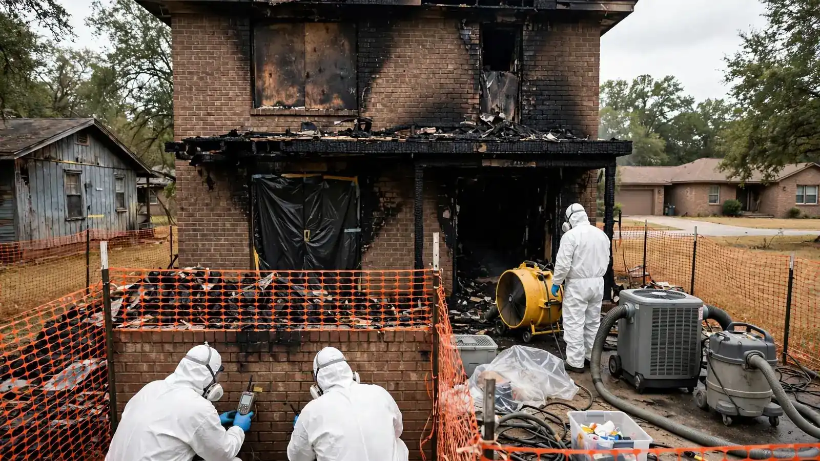 Orange safety fencing around a fire-damaged brick house