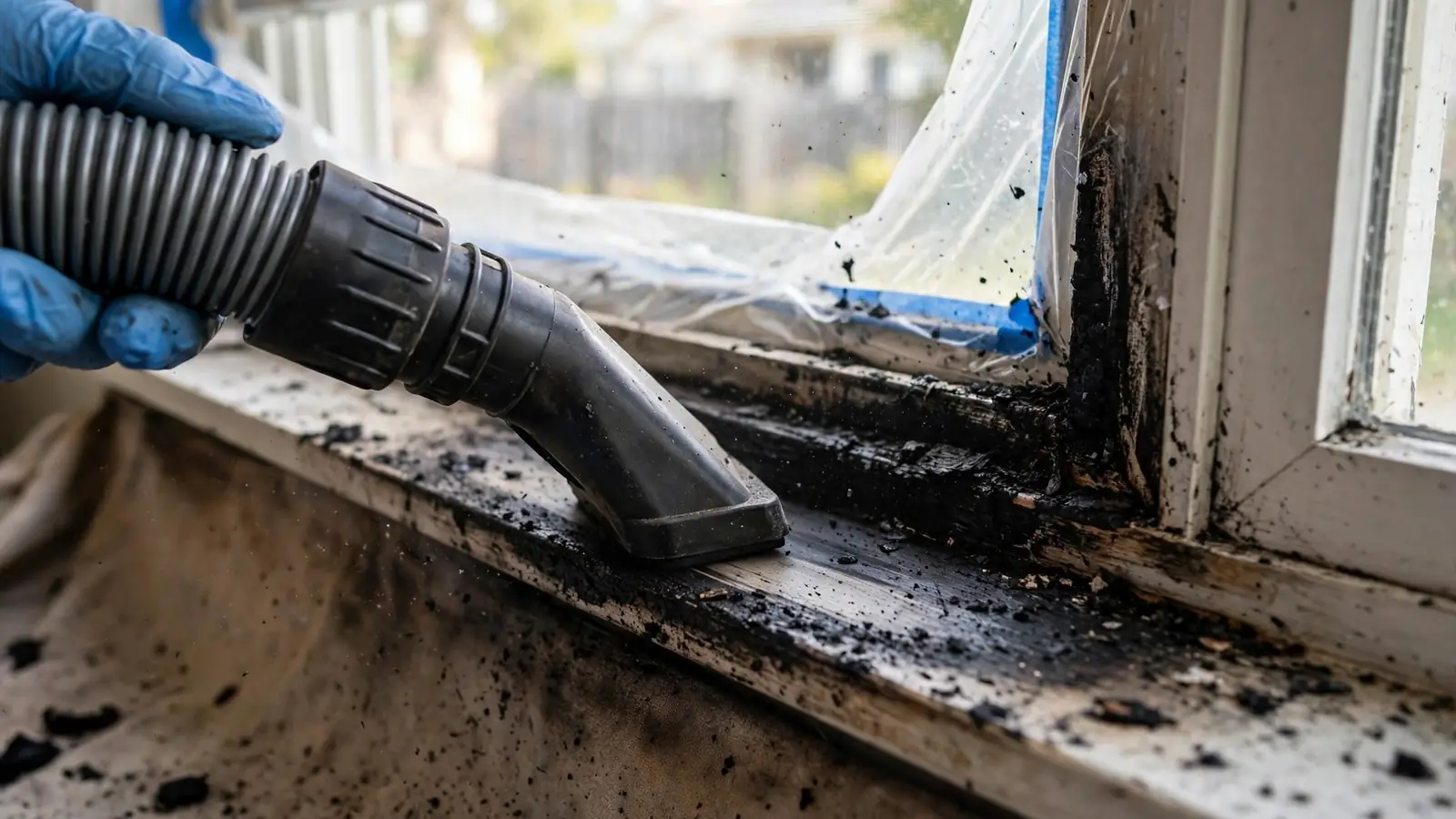 Gloved hand vacuuming black soot from a window sill
