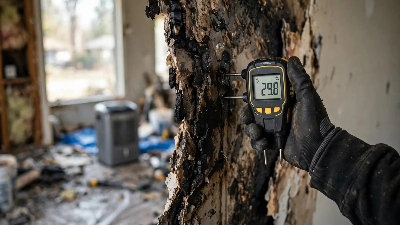 Gloved hand holding a moisture meter against damaged drywall