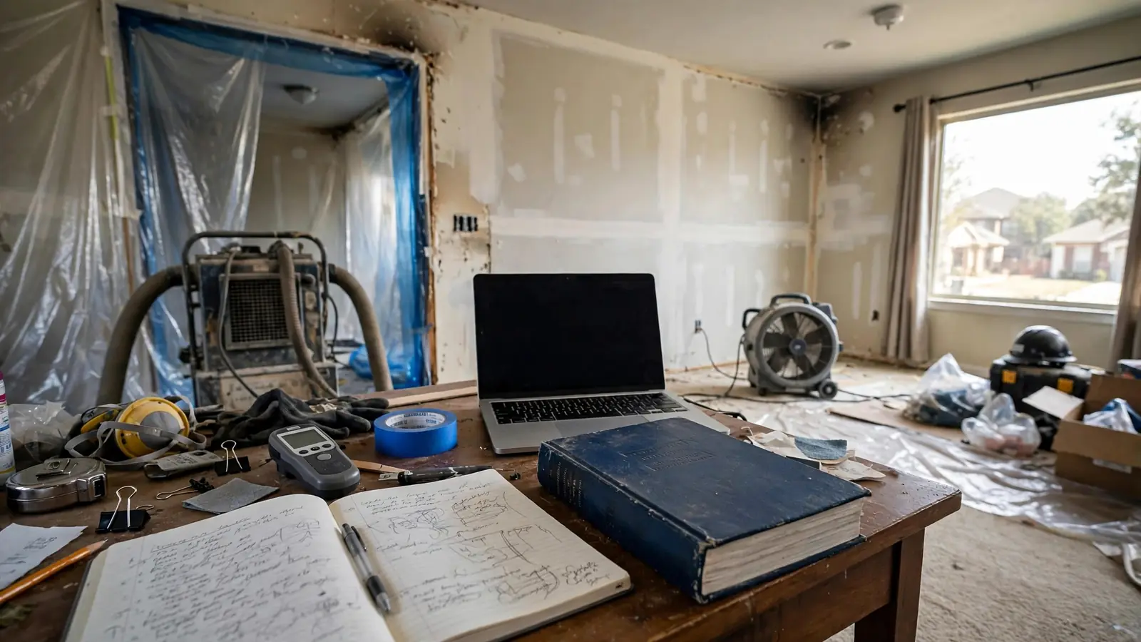 Desk with an open notebook and laptop in a room under restoration