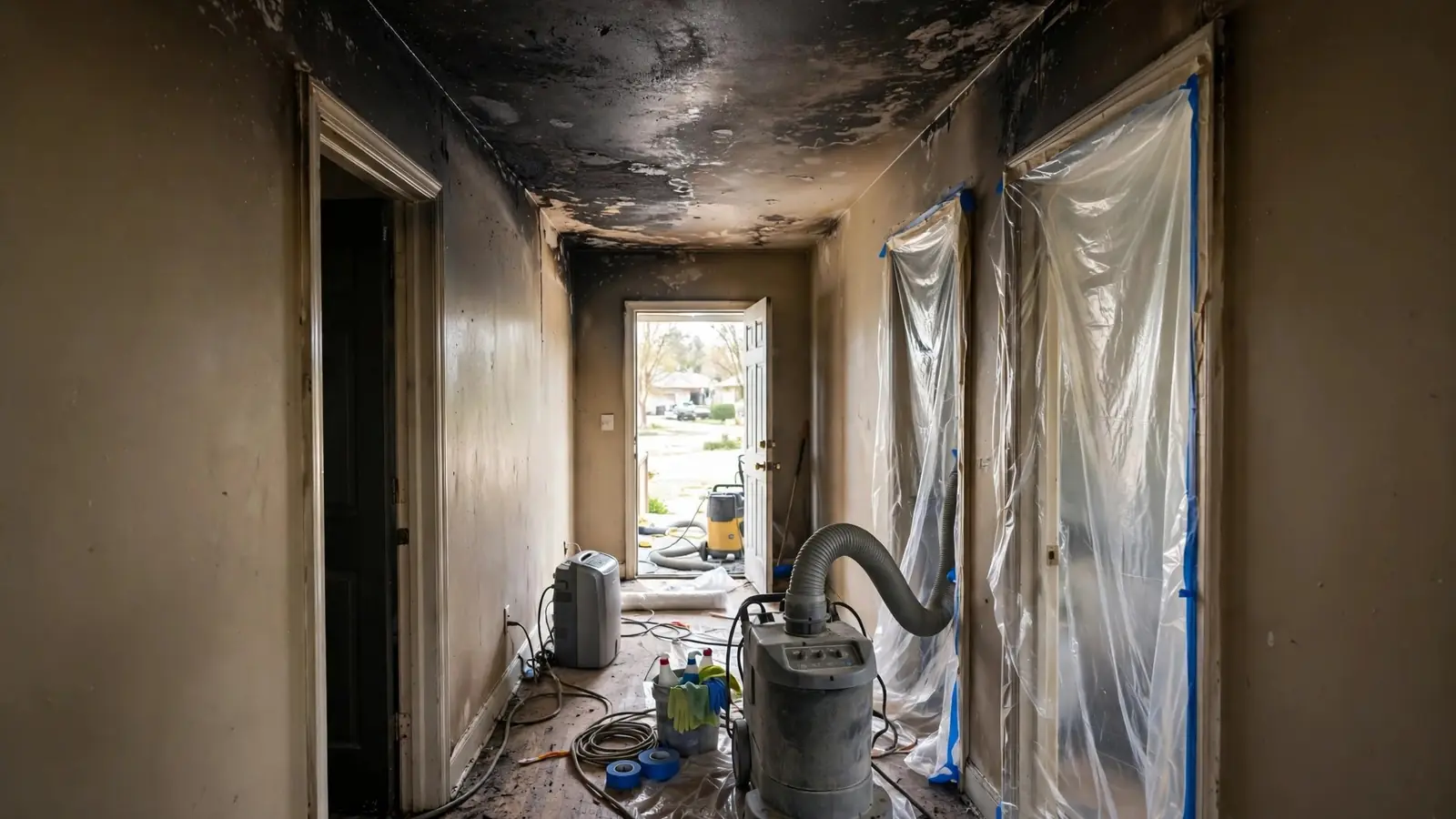 Smoke-darkened hallway with plastic sheeting and an air scrubber