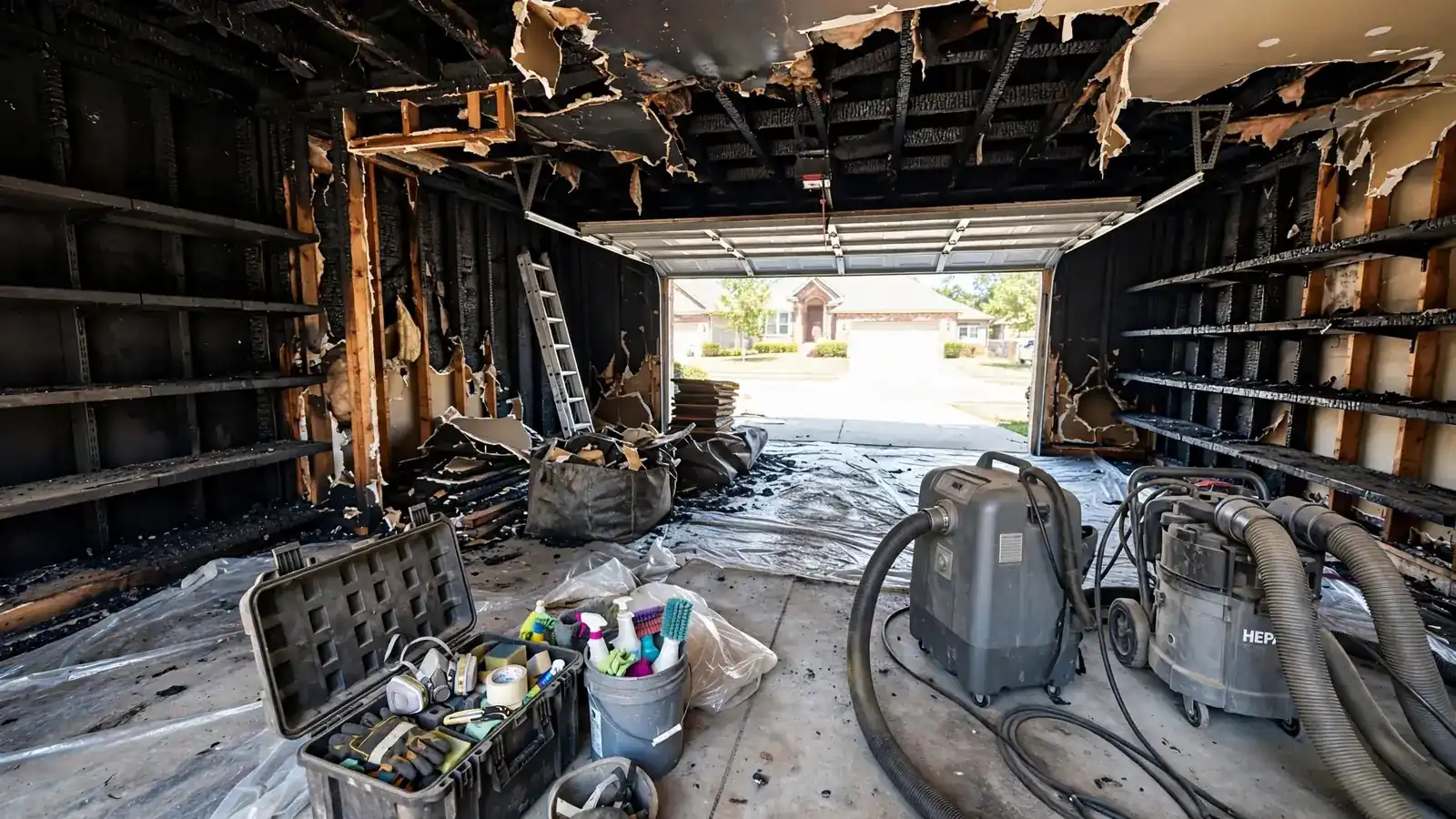 Burned garage interior with charred shelves and the door open to daylight