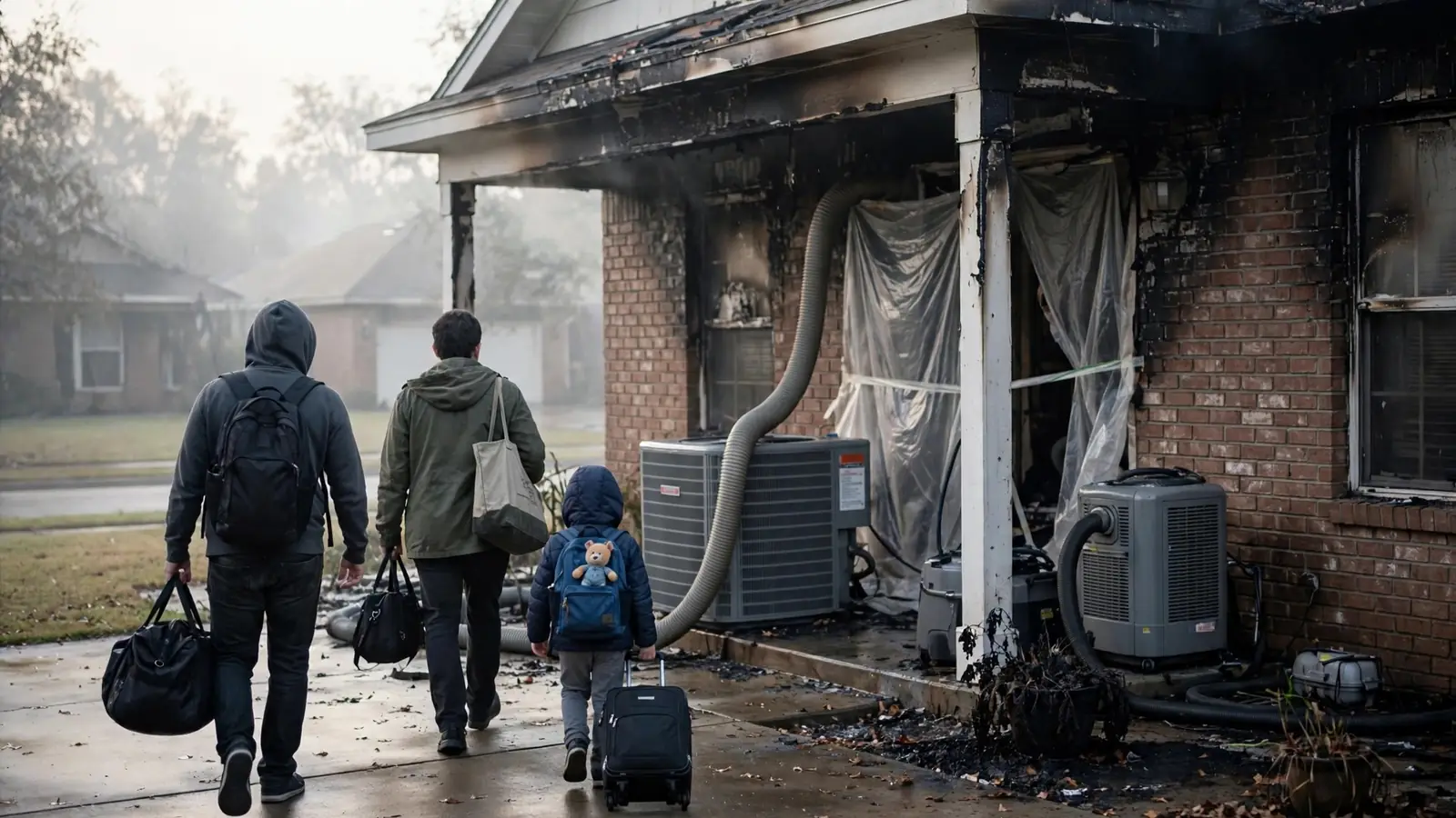 Family seen from behind carrying bags away from a smoke-damaged house