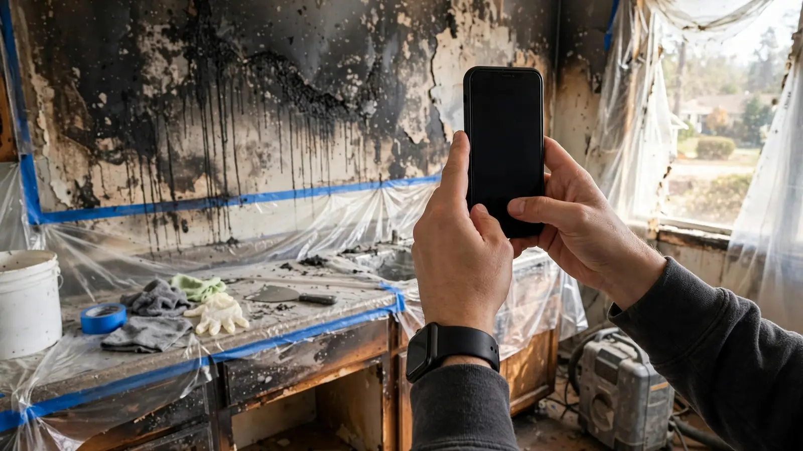 Hands photographing a soot-streaked wall with a phone