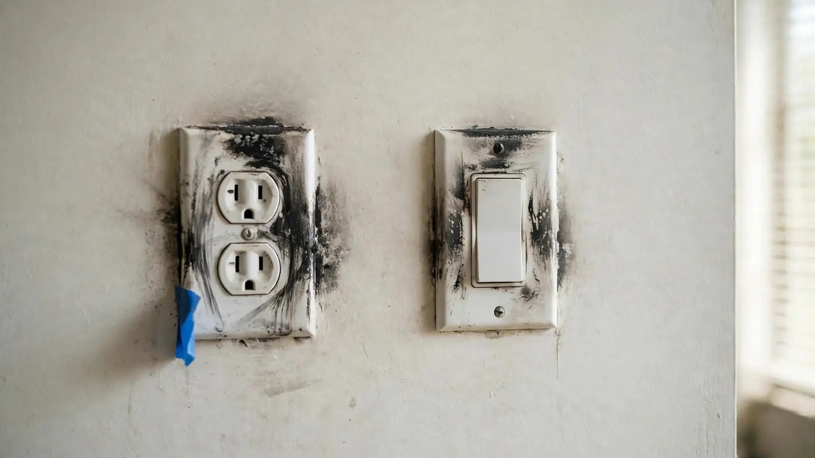 Outlet and light switch with dark smoke stains around the cover plates