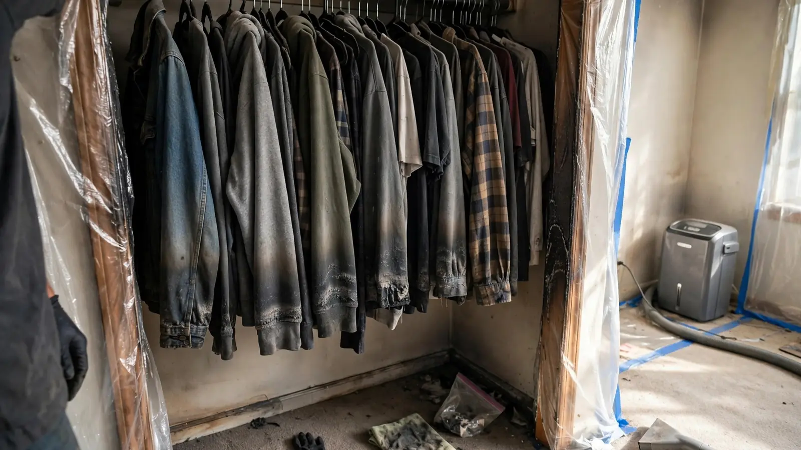 Closet of clothes with grey smoke residue and an air machine beside it