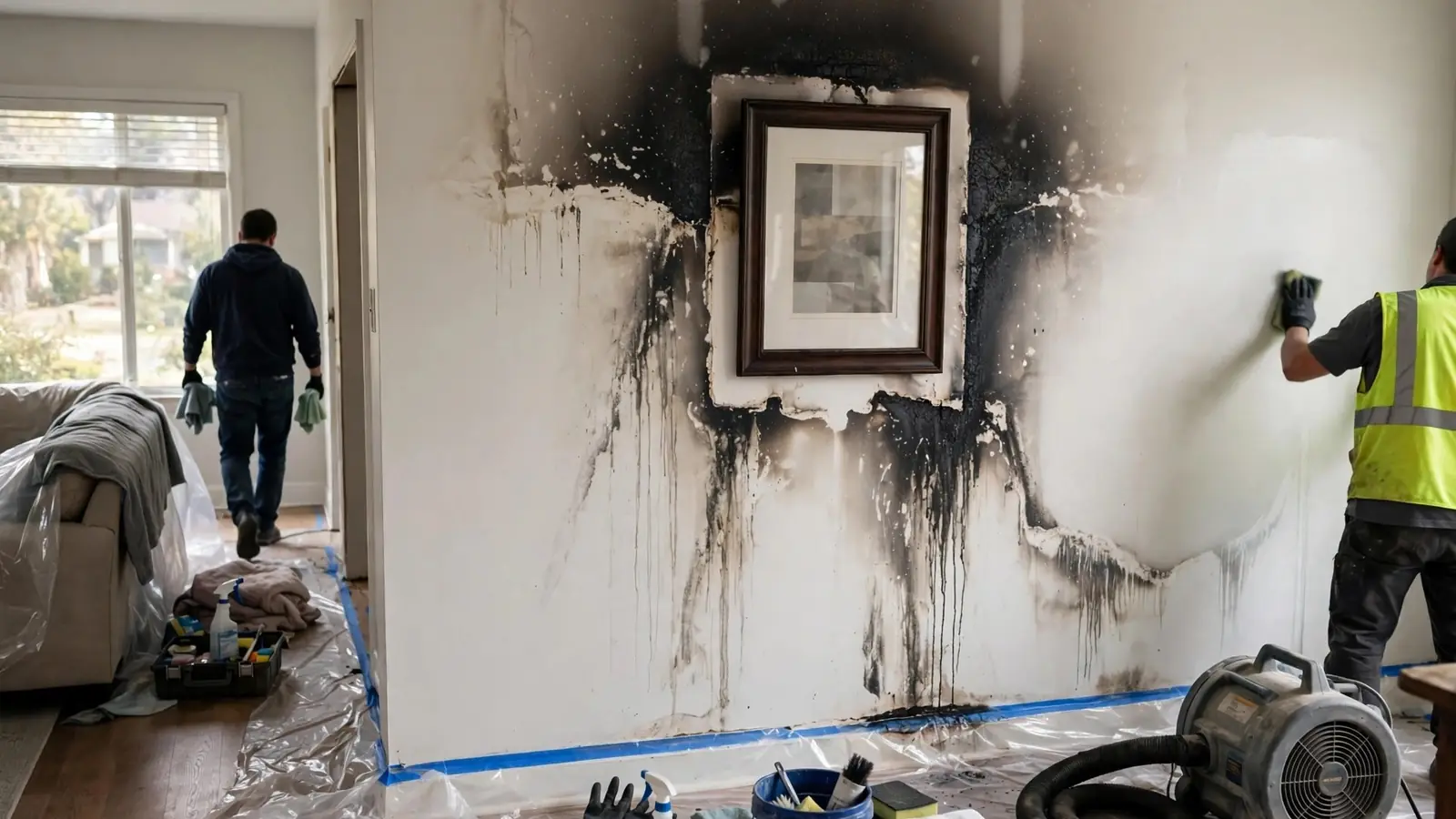 White wall with soot streaks around a picture frame as a worker cleans