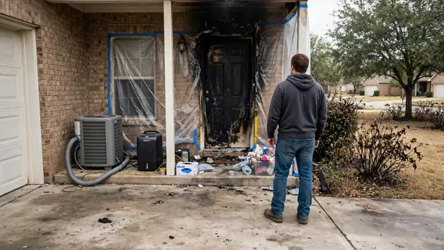 Homeowner seen from behind looking at a scorched front door