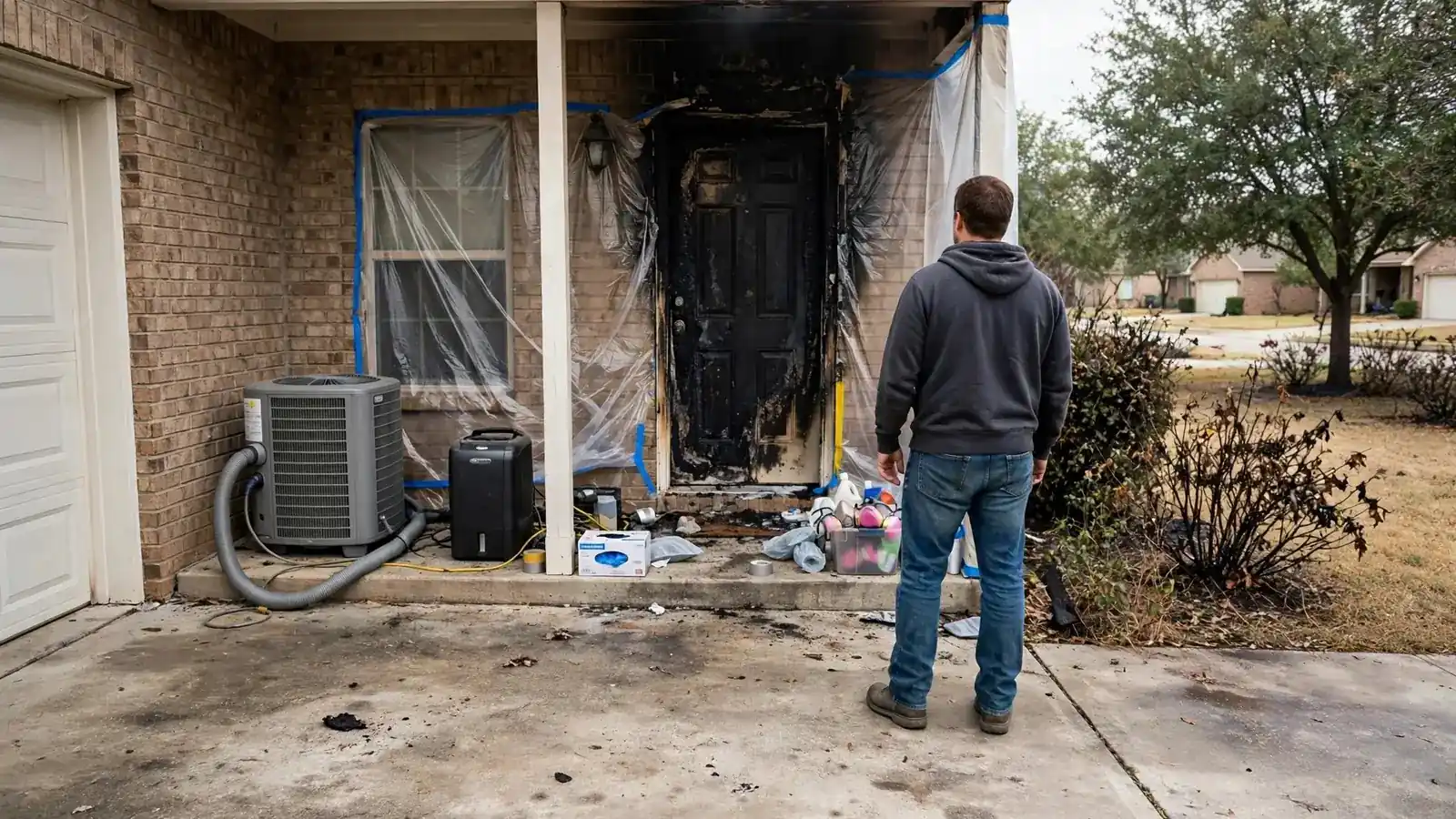 Homeowner seen from behind looking at a scorched front door