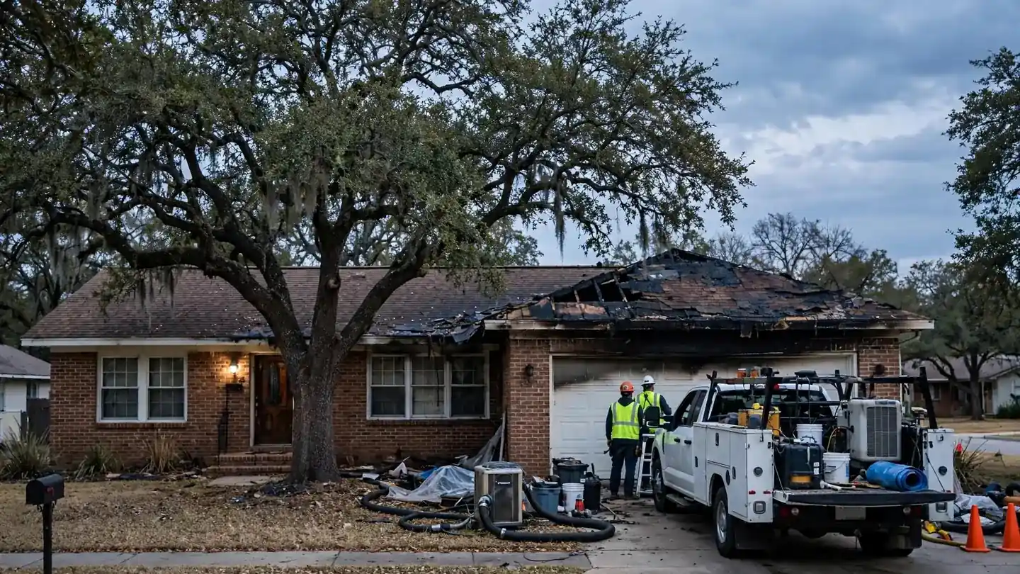 Brick ranch house with a fire-damaged roof and a work truck in the driveway