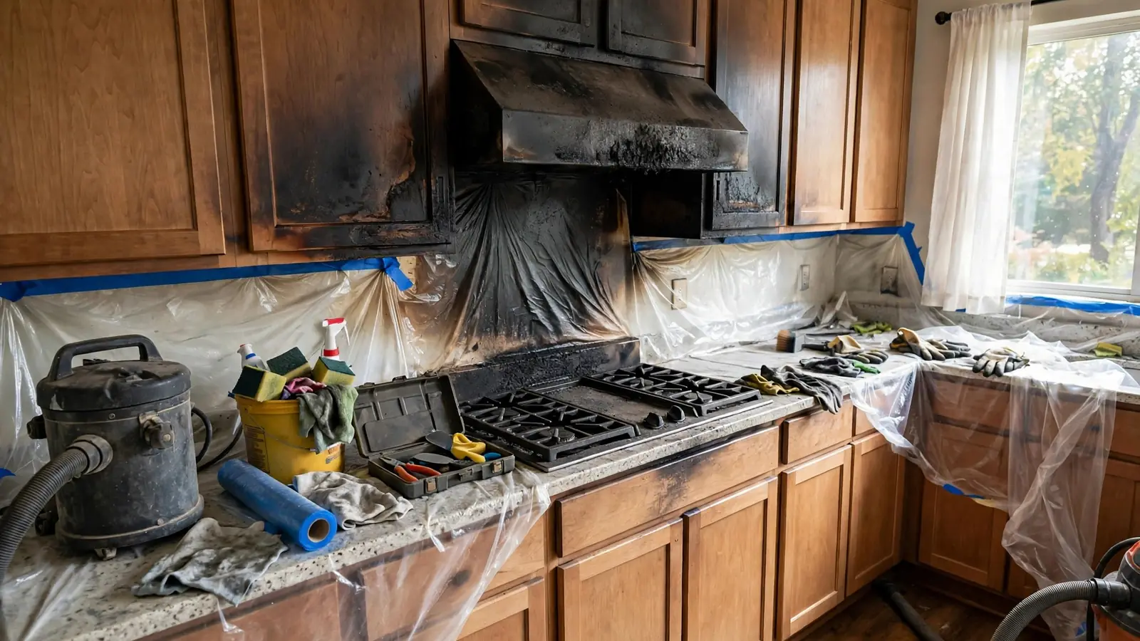 Kitchen with a scorched range hood, darkened cabinets and cleaning gear