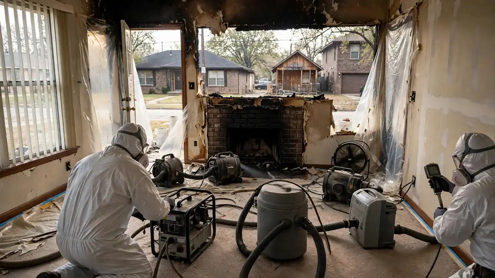 Crew setting up air treatment equipment in a smoke-damaged living room