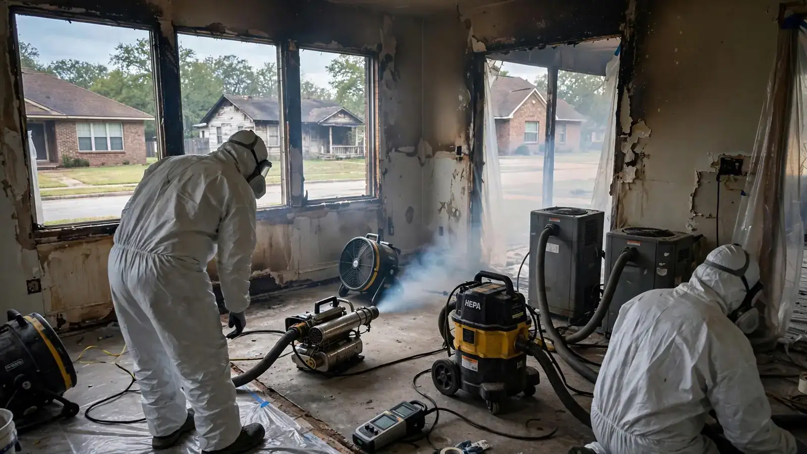 Fogging machine releasing a light haze in a smoke-damaged room