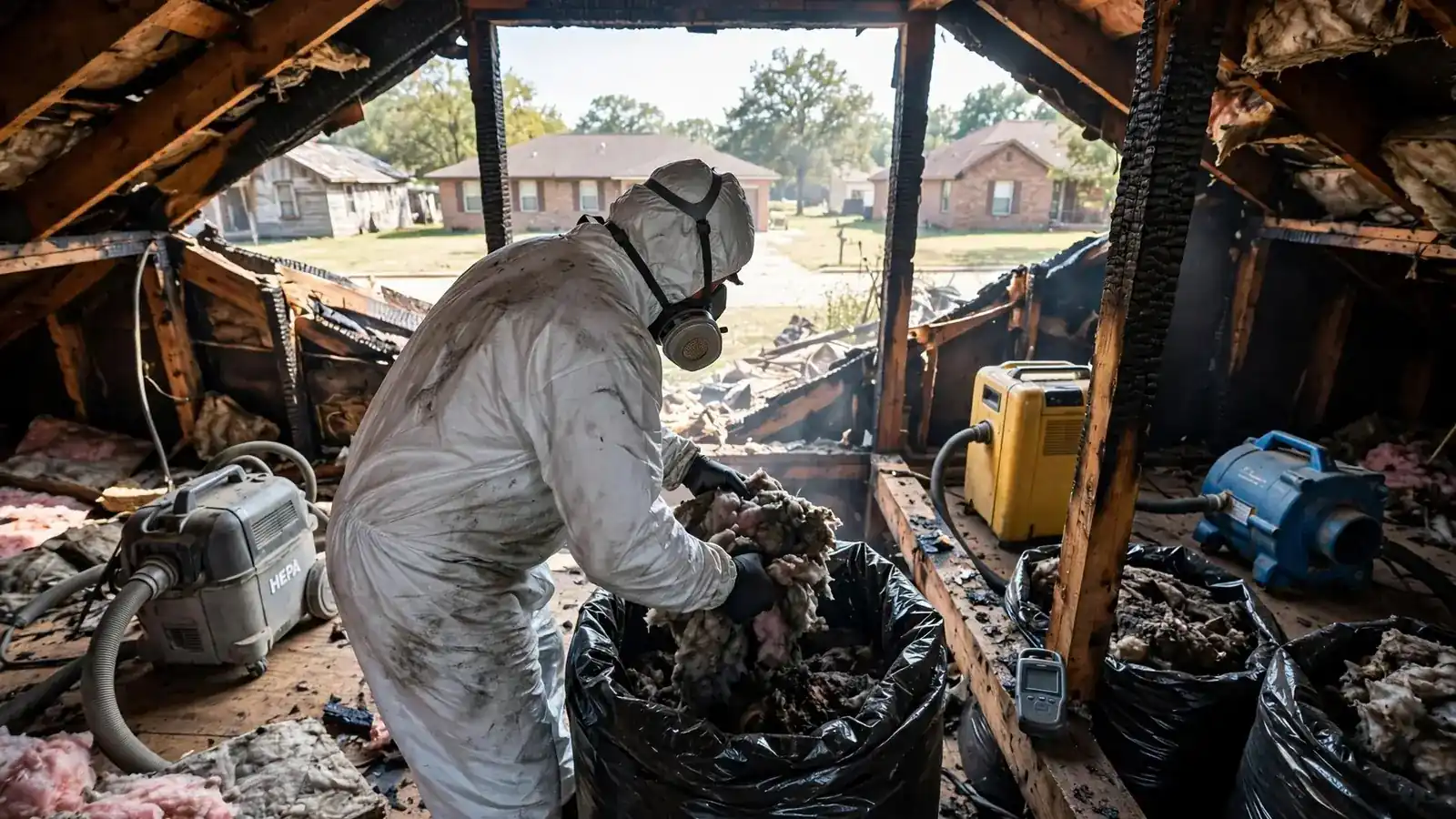 Worker bagging smoke-damaged insulation in an open attic