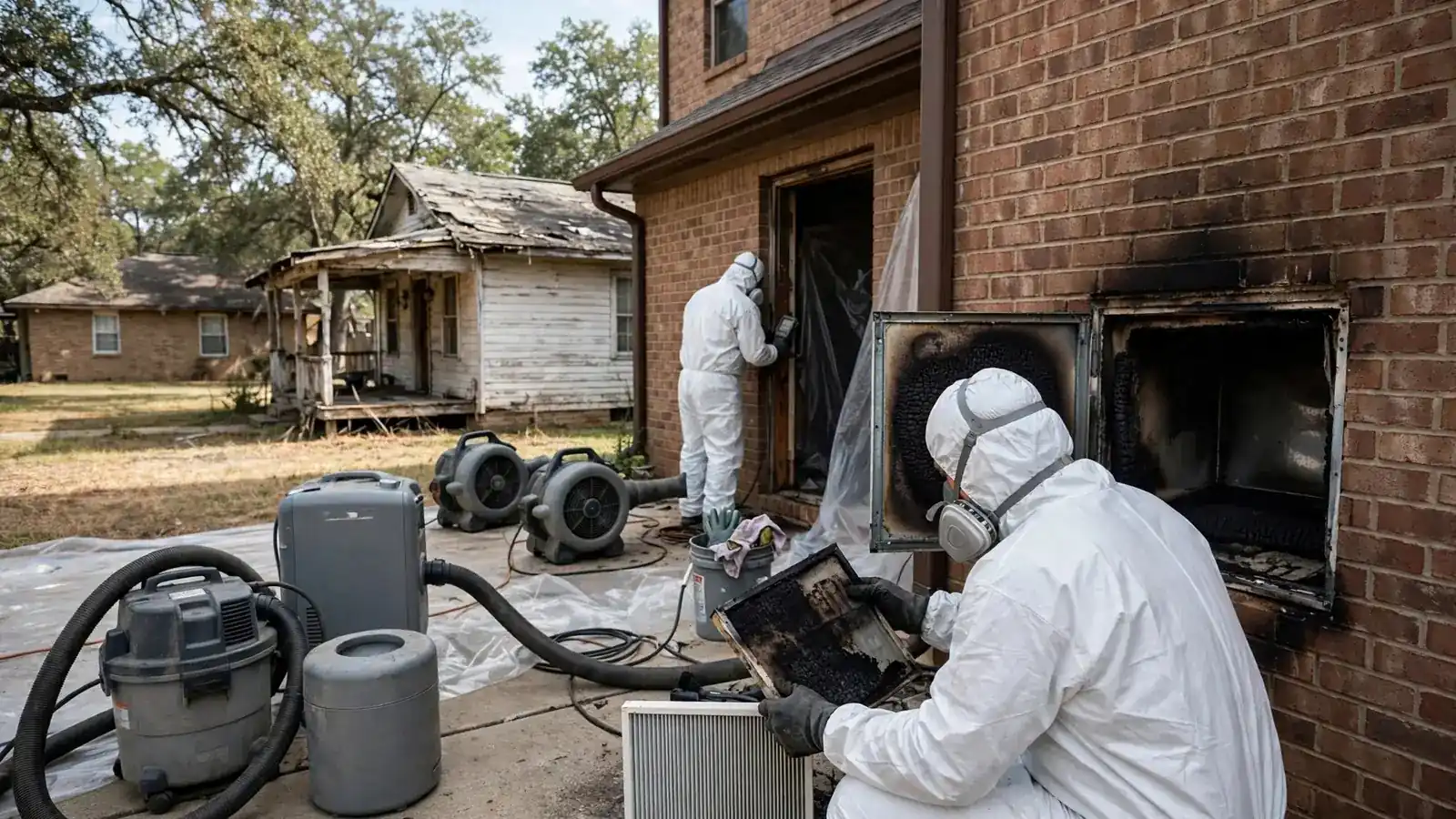 Worker cleaning a smoke-stained wall vent opening